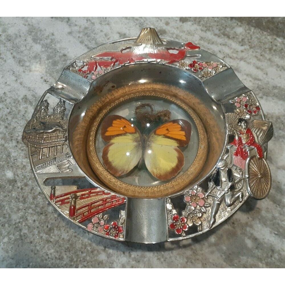 Mt. Fuji Enamel Silver Pagoda Cherry Blossom Butterfly Ashtray Japan Japan